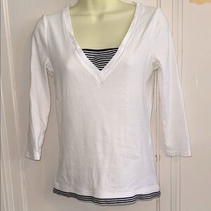 Ralph Lauren Nautical Look White & Dark Navy Cotton Knit Top -3/4 Sleeve Blouse